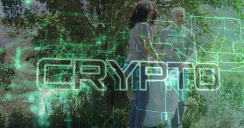 Volunteers Cleaning Park with Cryptocurrency Concept Overlay