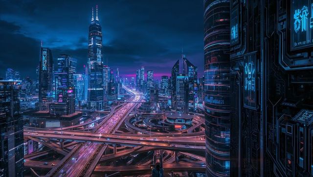 Crisscrossing Neon Highways and Soaring Skyscrapers in Futuristic Cyberpunk Metropolis