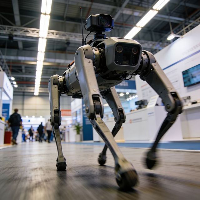 Sleek quadruped robot demonstrating autonomous mobility with top-mounted camera at expo