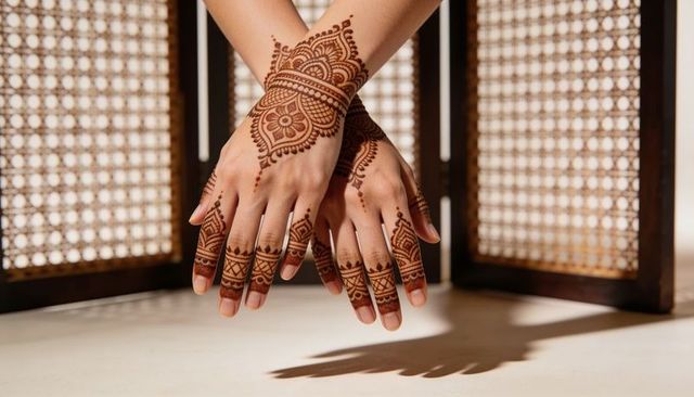 Intricate henna hand art with floral mandala and finger patterns on female hands