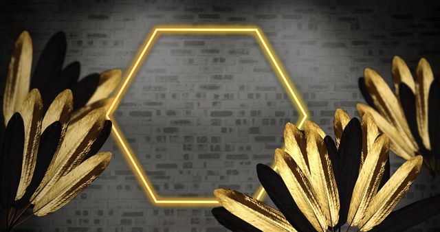 Neon Hexagon on Brick Background with Artistic Golden Leaves - Download Free Stock Images Pikwizard.com