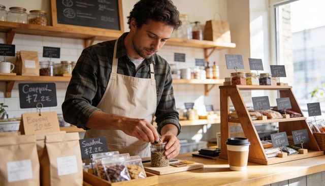 Beige-aproned barista scooping tea into glass jar at sunlit artisan cafe counter with pastries