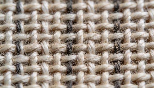 Macro basketweave textile showing cream yarn fibers, dark accent threads and lint detail