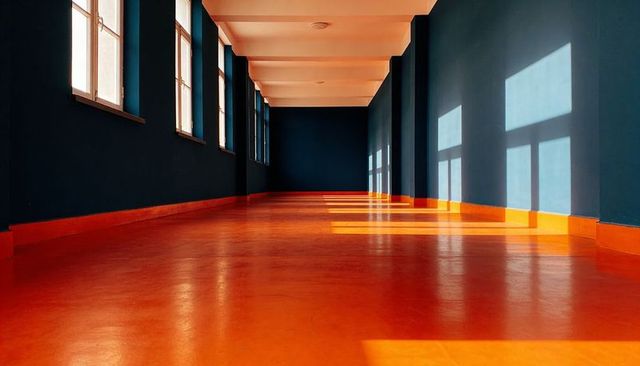 Sunlit corridor bathing glossy orange floor and deep blue walls, casting window shadows