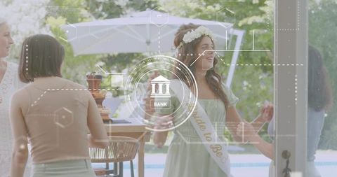 Bride-to-be celebrating poolside with friends wearing floral crown and digital banking hud