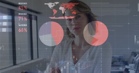 Businesswoman Analyzing Global Data on Transparent Screens