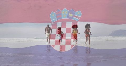 Family running on sunny beach with croatia flag overlay, waves and reflections