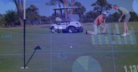 Golfers Lining Up Putt with Digital Data Overlay on Golf Course