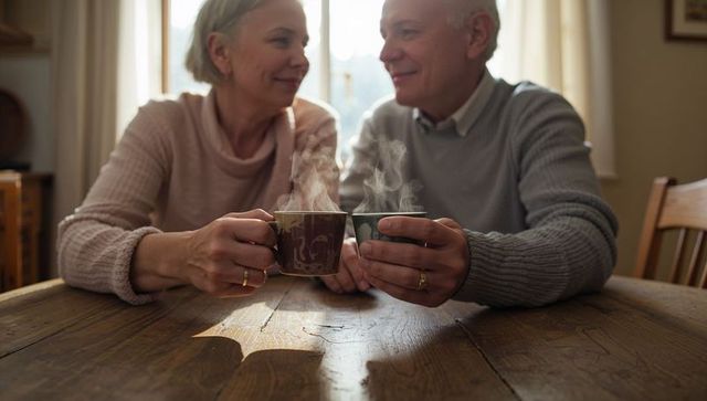 Senior couple sharing steaming mugs, leaning close at wooden table, cozy morning warmth