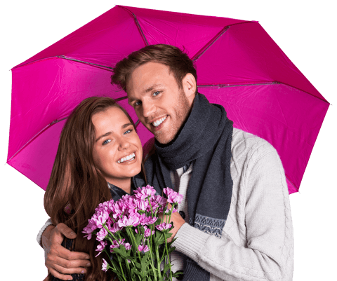Transparent smiling couple with pink umbrella and flowers