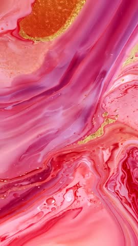 Flowing pink-to-purple fluid art vertical video featuring gold flakes and marbling motion