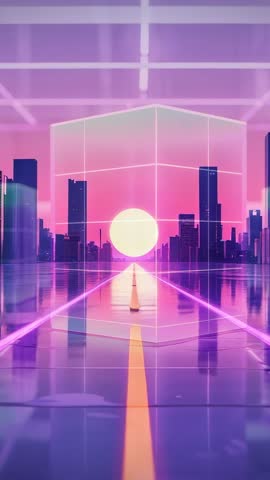 Pulsing Orb Fueling Wireframe Cube Moving Along Neon Grid Toward Futuristic City Skyline