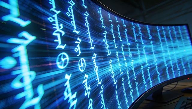 Curved ultrawide monitor displaying neon blue glyphs, cyberpunk workstation, futuristic