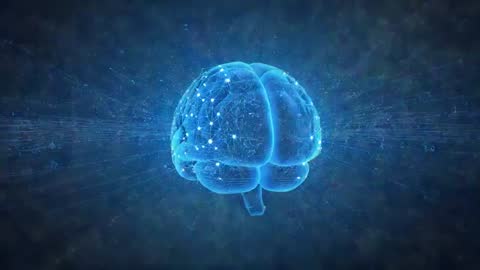 Rotating Digital Brain in Futuristic Cyberspace