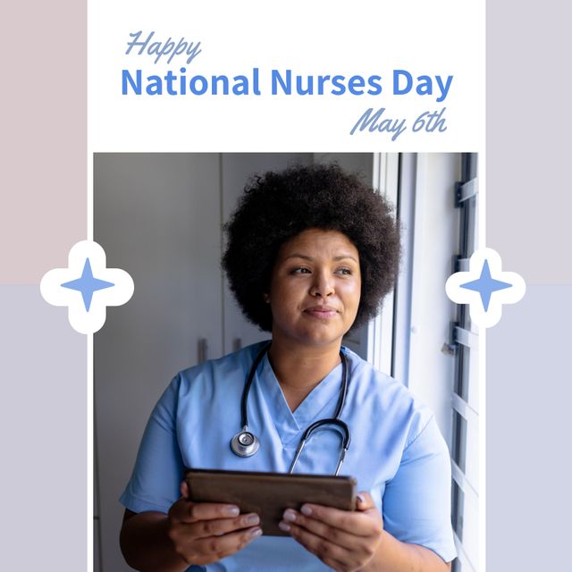 Happy National Nurses Day May 6th Celebration Decor Nurse Using Tablet - Download Free Stock Templates Pikwizard.com