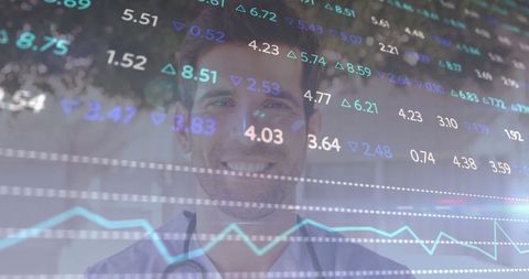 Smiling Doctor with Financial Data Overlay in Healthcare Setting