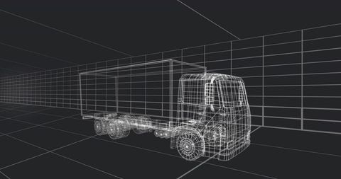 3d wireframe box truck model on perspective grid for cad, engineering, transport design