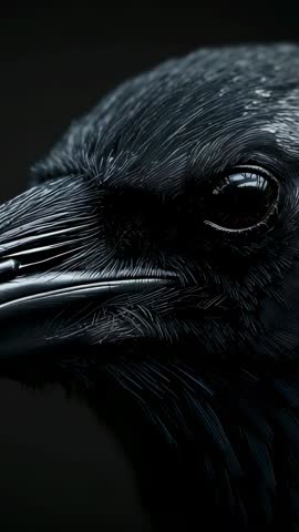 Vertical macro video of black bird head shifting with glossy eye catchlight and texture