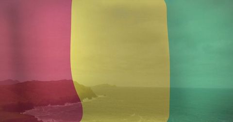 Abstract coastal scene with magenta, yellow, teal overlay