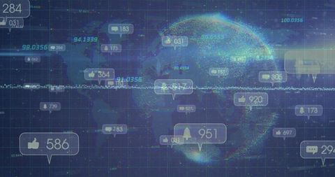Holographic rotating data globe with social notification bubbles and analytics overlay