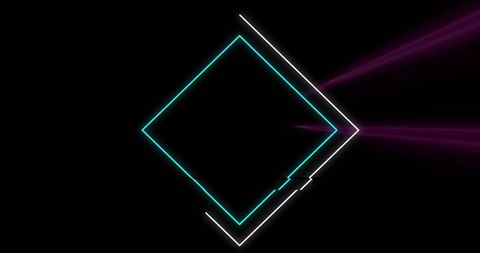 Neon glitch diamond frame with cyan and white lines and magenta light beams background