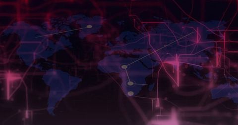 Neon World Map with Digital Grid and Data Connectivity Lines