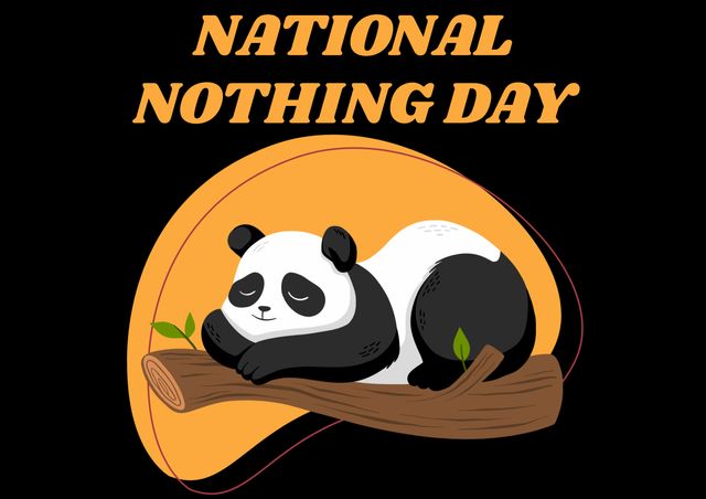 Illustration of panda relaxing on branch and national nothing day text over black background. text, communication, animal, relaxation and nothing day concept.