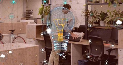 Modern office worker managing laptop bag in connected workspace