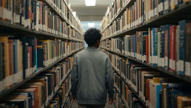 Young Adult Walking Library Aisle Between Shelves of Books Back View for Study and Research