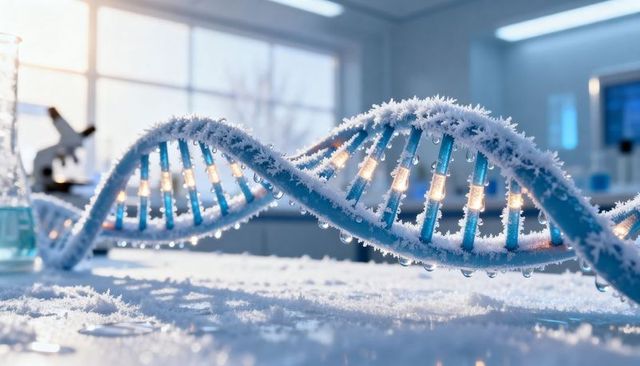 Glistening frosted dna helix with illuminated connectors on snow-dusted laboratory bench