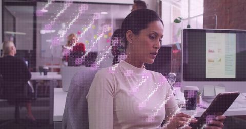 Businesswoman Using Tablet with DNA Interface Overlay