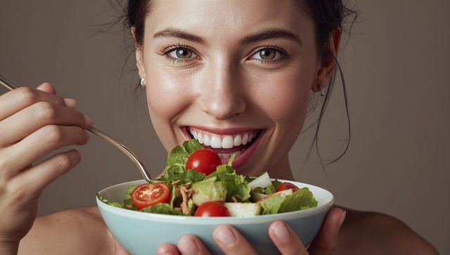 Joyful Woman Enjoying Fresh Salad in Wellbeing Lifestyle
