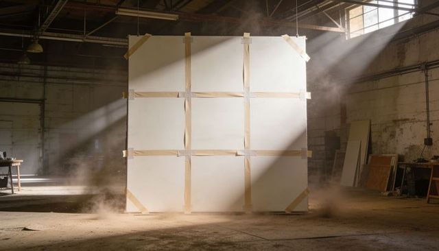 Sunlit 3x3 taped panel grid in dusty industrial workshop with dramatic sunbeams