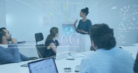 Business Meeting with 6G Technology Theme and Data Visualization