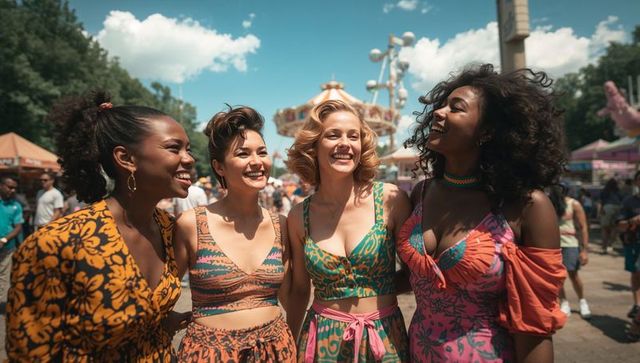 Diverse friends enjoying vibrant carnival day with joy and laughter