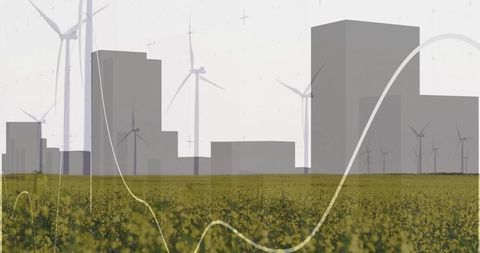 Eco-Friendly Skyline with Wind Turbines and Flowering Farmland
