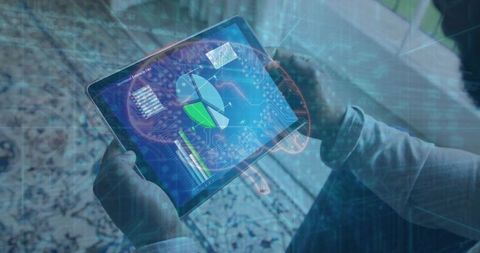 Digital Analyst with Holographic Charts in Modern Living Room Scenario