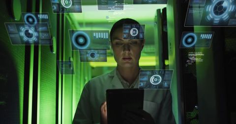 Technology Expert Analyzing Data in Server Room
