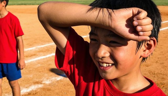 Smiling asian boy wearing red tee shielding eyes on sunny youth baseball infield, teammates