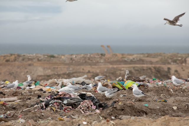 Flock of birds flying over rubbish piled on a landfill full of trash with cloudy overcast sky in the background. Global environmental issue of waste disposal.
