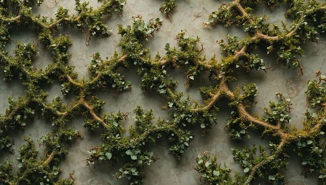 Climbing vines forming dense lattice on weathered courtyard wall with mossy woody stems