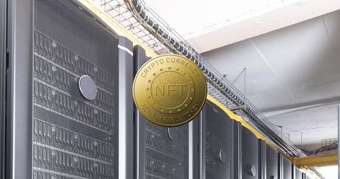 NFT Gold Coin Overlay on Data Servers Illustrating Crypto Technology
