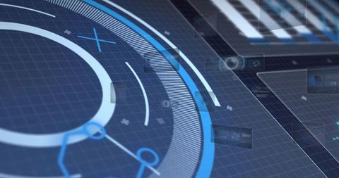 Futuristic HUD Interface with Circular Data Rings Radial Ticks and Transparent Panels