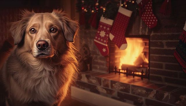 Golden Dog Sitting By Cozy Fire in Festive Living Room