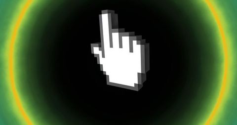 Pixel hand cursor on digital screen with glow effect