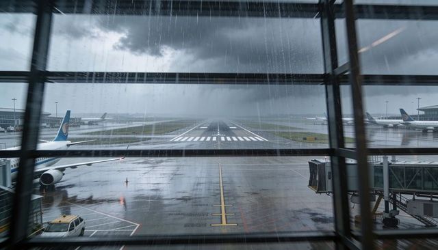 Wet runway centerline leading into stormy horizon through rain-streaked terminal window