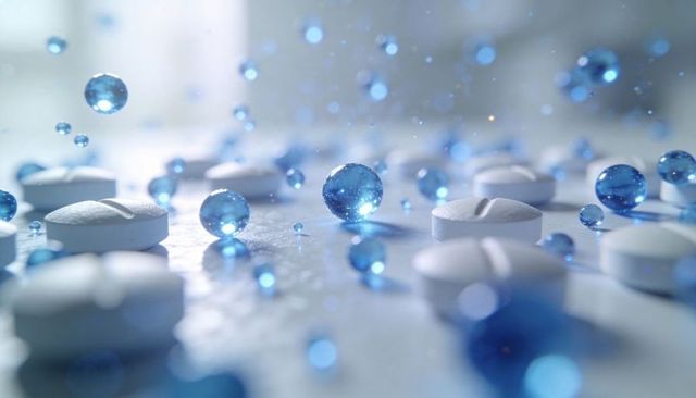 Sparkling Blue Glass Orbs Scattering Among White Tablets on Glossy Surface