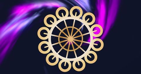 Gold mandala emblem with swirling purple and blue background