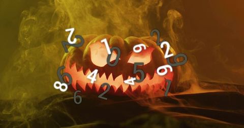 Glowing carved jack-o-lantern with floating numerals in smoky orange eerie halloween scene