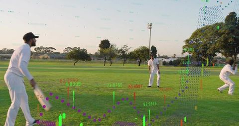 Cricket batsman preparing to swing bat with sports performance data overlay on green field